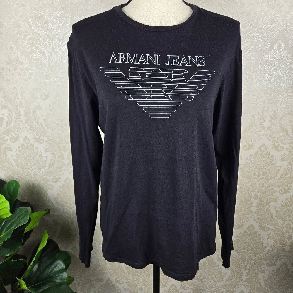 Armani Jeans Size Medium Black Long Sleeve Logo T-shirt Round Neck 100% Cotton
